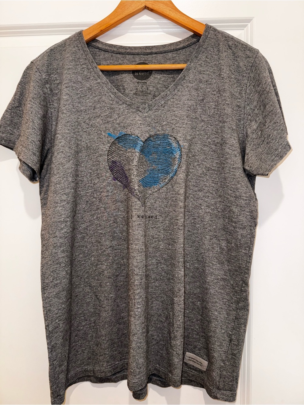 Life Is Good Gray V-Neck Tee with Blue Accent Heart